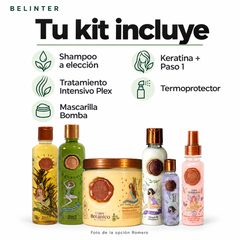 Contenido del Kit Ritual Botánico: shampoo a elección, Plex, Bomba, keratina con Paso 1 y termoprotector.
