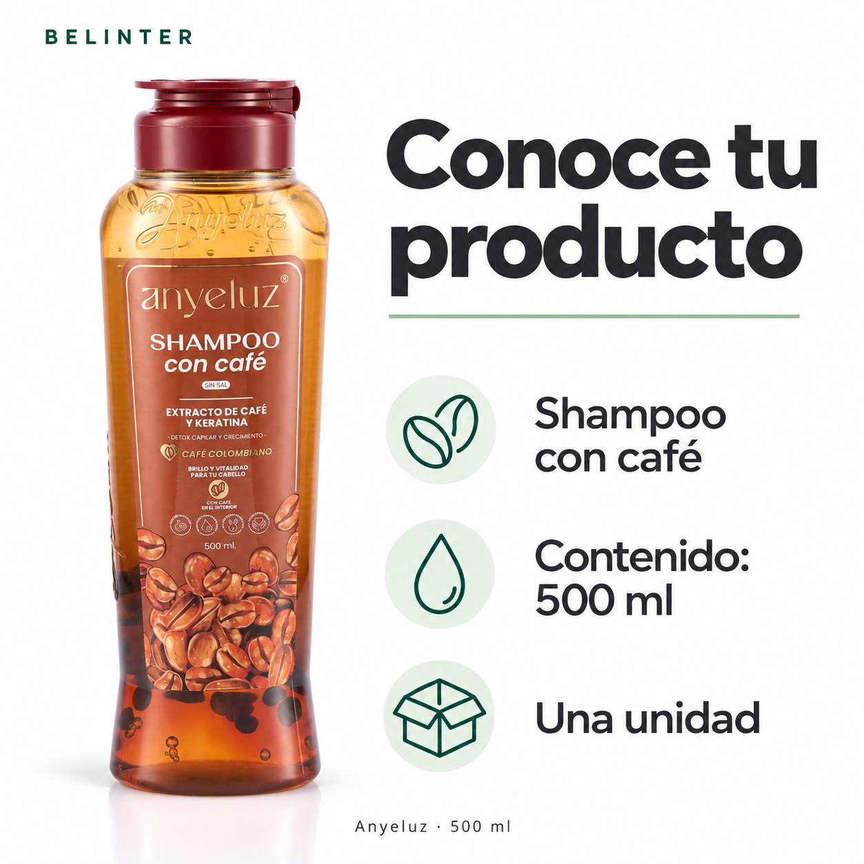 Shampoo con Café Anyeluz 500 ml - Presentación