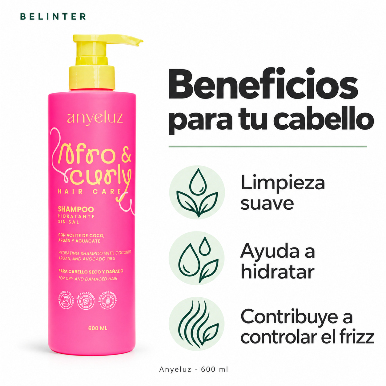 Shampoo Afro & Curly Anyeluz 600 ml - Beneficios