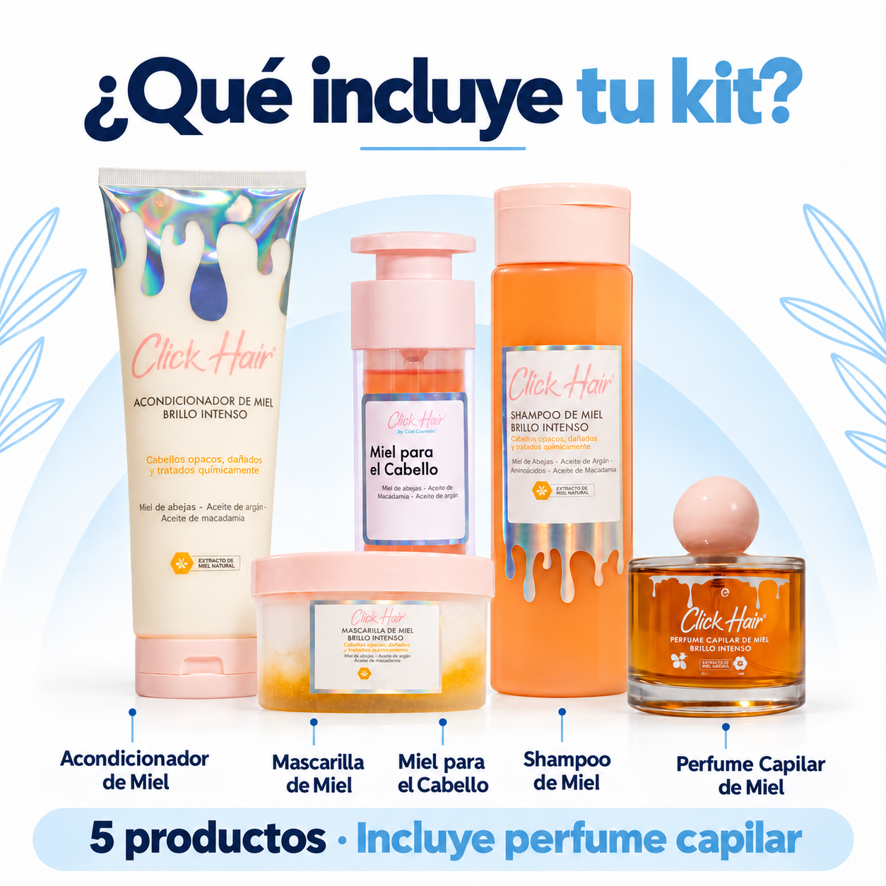 Kit Miel Brillo Intenso Click Hair con Perfume – 5 productos - Contenido del kit