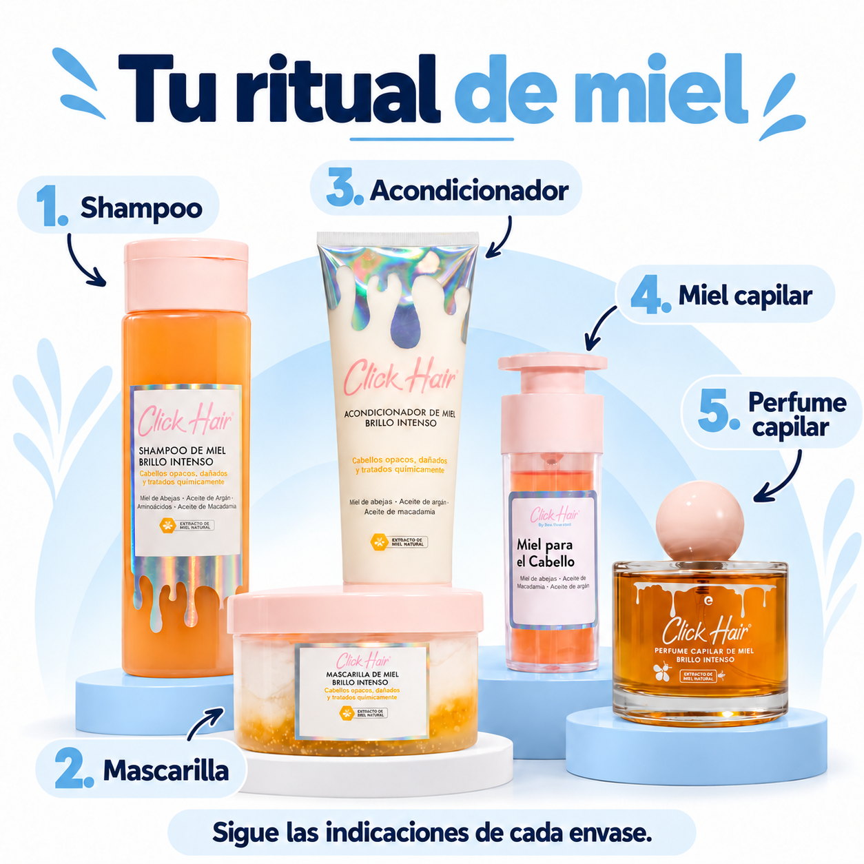 Kit Miel Brillo Intenso Click Hair con Perfume – 5 productos - Modo de uso