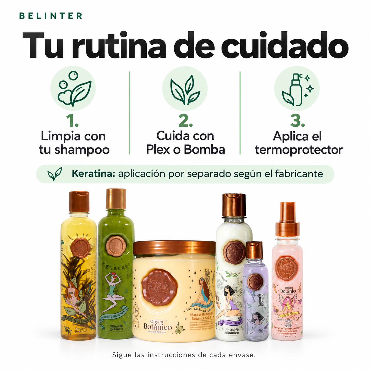 Rutina del Kit Ritual Botánico: shampoo, Plex o Bomba y termoprotector; keratina por separado.