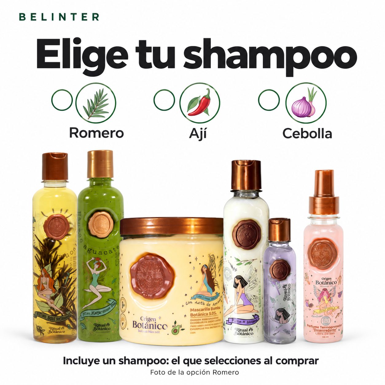 Opciones de shampoo del Kit Ritual Botánico: Romero, Ají o Cebolla; se incluye solo la opción elegida.