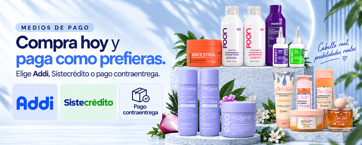 Medios de pago y kits La Poción, Milagros Professional y Miel Click Hair